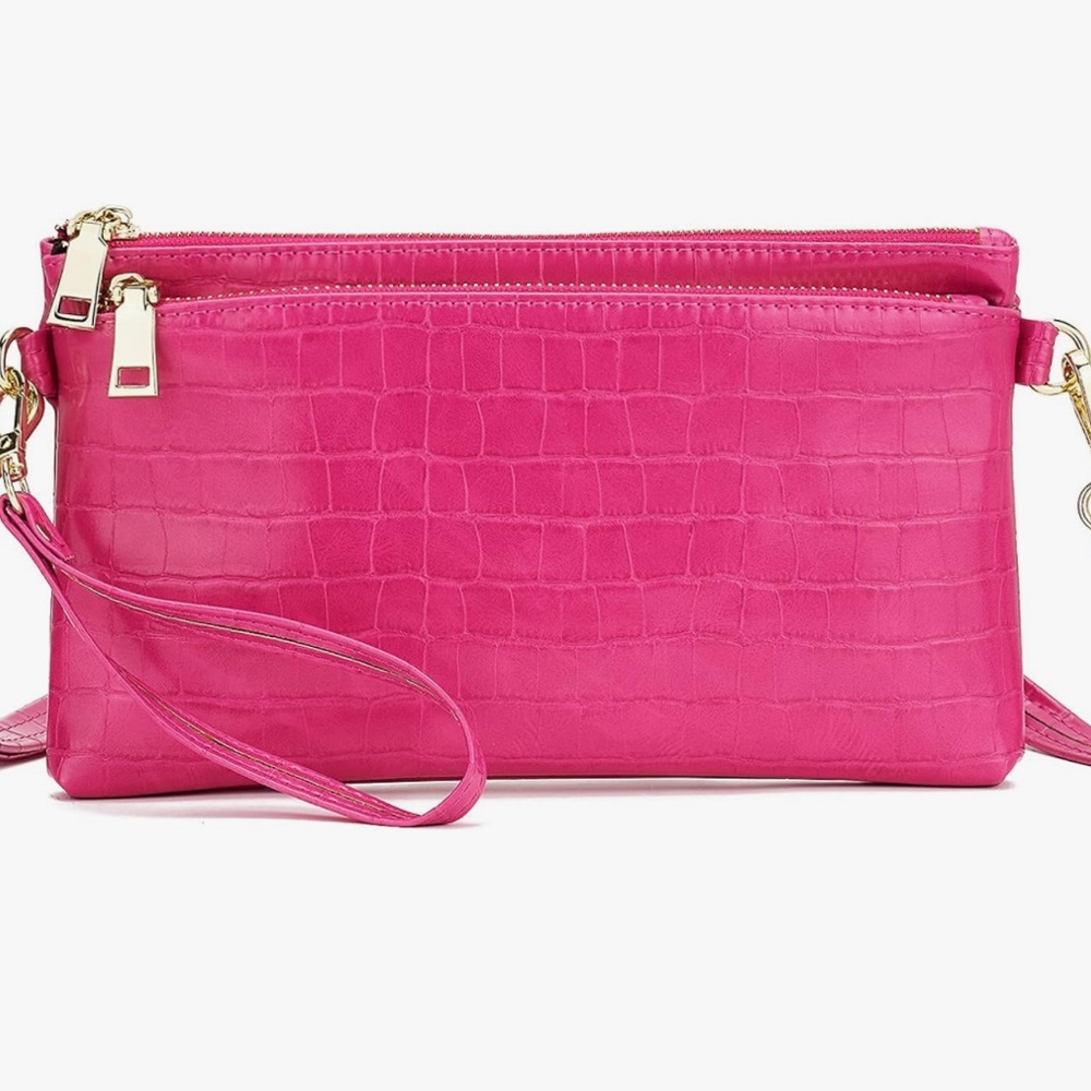 Crossbody Croc-look Vegan Leather Wristlet Clutch